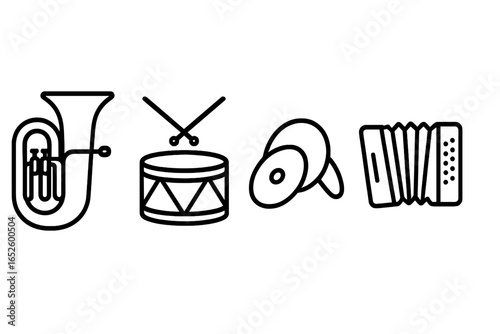 Circus Musical Instruments Icon Set, Outline Style Vector Illustration of Brass Tuba, Snare Drum with Sticks, Cymbals, Accordion, Transparent Background