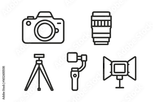 Cinematography Equipment Icons Set, Outline Vector of Camera Body, Lens, Tripod, Gimbal Stabilizer, and Matte Light for Film and Video Production