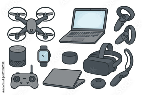 Various modern tech gadgets including drones, laptops, smart speakers, VR headsets, smartwatches, and controllers displayed in a clean vector cartoon illustration on a transparent background