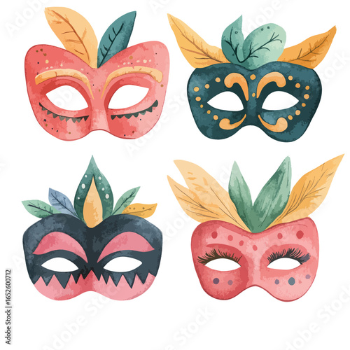Four Vibrant Watercolor Carnival Masks with Floral Accents
