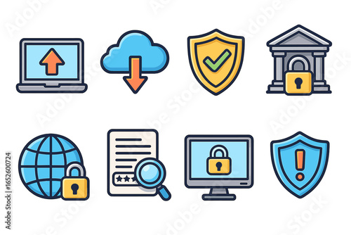 Cybersecurity icon set. Online data transfer, cloud storage, and internet protection concept. Digital security, privacy measures, and safe banking vector cartoon illustrations.