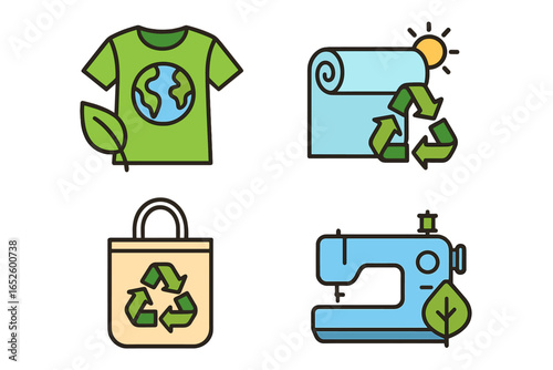 Sustainable fashion icon set. Eco-friendly clothing, textile recycling, and ethical production symbols. Slow fashion, conscious consumption, and environmental care vector icons.