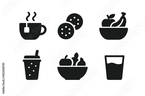 Healthy snack and drink icons, solid filled set, herbal tea, fruit bowl, smoothie, water, diet, nutrition, wellness, food, beverage, eating, fitness, health, lifestyle