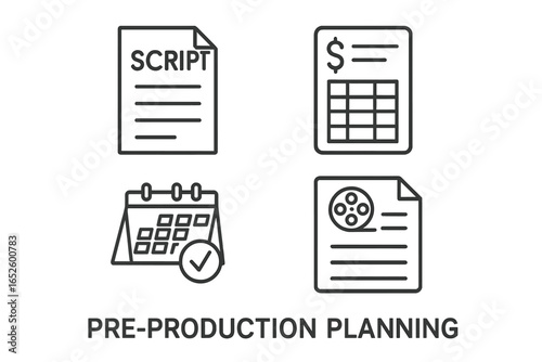 Pre-production planning line icon set. Video production concept. Script writing, budget spreadsheet, shooting schedule, and shot list symbols. Film industry editable icons.