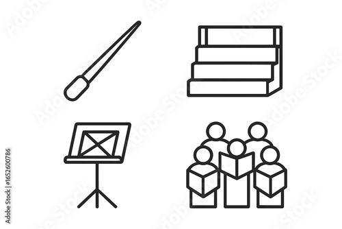 Choral music outline icon set. Includes conductor baton, choir risers, music stand, and singers. Vocal ensemble concept for performance, concert, or church service.
