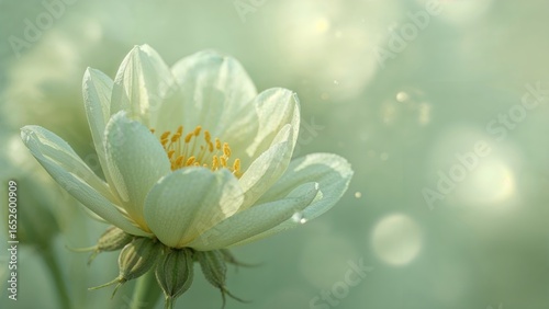 Close-up shot of a flower with light green petals and yellow stamens in soft focus