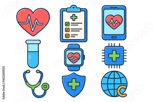 Telemedicine and digital health icon set. Vector collection of flat icons for healthcare technology, mobile apps, medical insurance, cardiology, lab tests and online doctor.