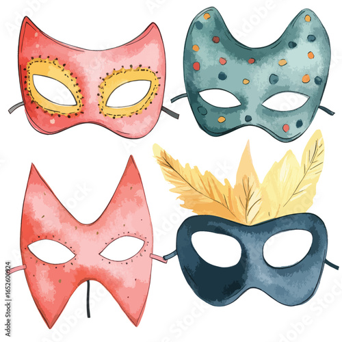 Four Watercolor Carnival Masks with Unique Designs and Textures