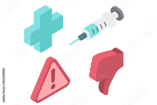Isometric public health icon set with medical cross, syringe for vaccine or injection, warning alert sign, and thumb down. Concept of vaccination risk or disapproval.
