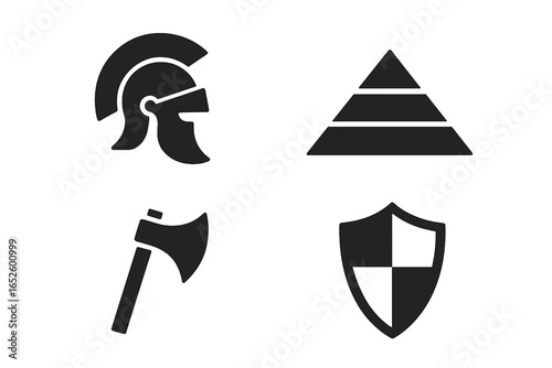 Historical icon set. Solid glyphs of ancient civilizations. Includes Roman gladiator helmet, Egyptian pyramid, Viking battle axe, and medieval knight shield for history concepts.
