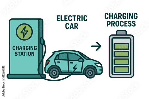 Electric car charging station infographic. EV at a refueling point with the charging process shown on a battery. Eco-friendly transport and sustainable green energy concept.
