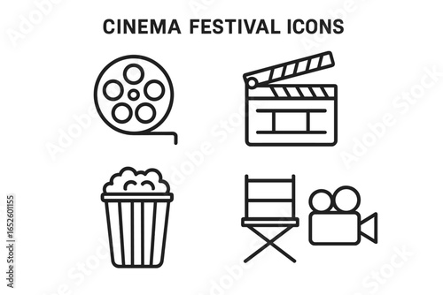 Cinema festival line icon set. Movie and film production symbols. Vector illustration includes film reel, clapperboard, popcorn, director chair and vintage camera.