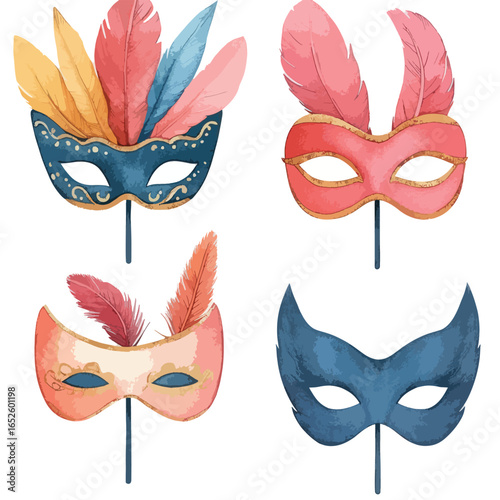 Four watercolor masquerade masks with feathers in shades of blue pink and gold