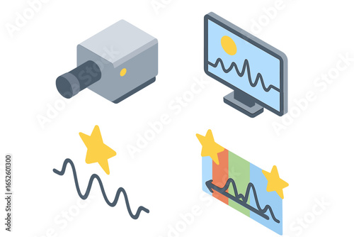 Isometric icon set of radial velocity measurements. Spectrograph, star spectrum line, Doppler shift. Vector illustration for astronomy, astrophysics, exoplanet detection.