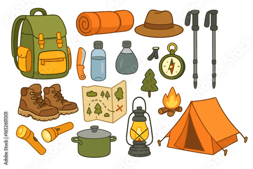 Camping and hiking equipment set for outdoor adventure. Vector cartoon illustration of essential gear: backpack, tent, compass, map, boots. Travel tourism survival concept.