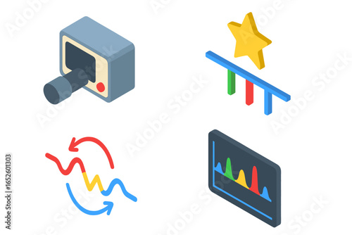 Radial velocity icon set. Isometric vector illustration of astronomy concepts. Spectrograph, star spectrum lines, doppler shift and astrophysics science symbols.