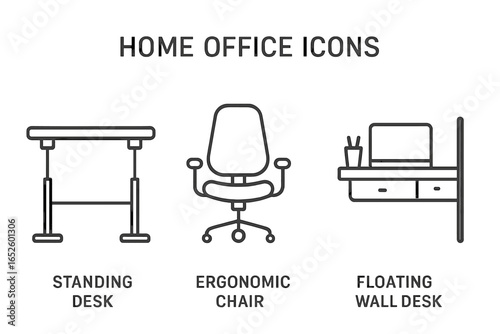 Home office furniture line icon set. Vector illustration of a standing desk, ergonomic swivel chair, and floating wall desk. Modern workplace and remote work concept.