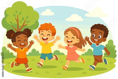 Happy diverse children playing together outdoors. A multi-ethnic group of kids running in a park. Vector illustration of joyful friendship, fun summer activity, and childhood.