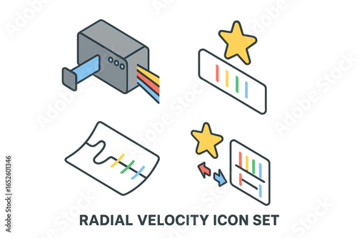 Radial velocity icon set for astronomy. Isometric vector concept of Doppler shift, exoplanet detection, and star spectrum analysis. Science icons for spectroscopy measurement.