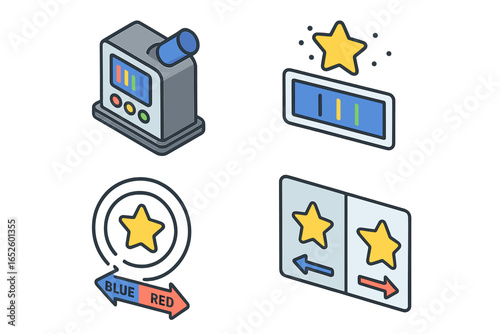 Radial velocity method icon set for exoplanet detection. Isometric icons of spectrograph, star spectrum, and Doppler shift effect with redshift and blueshift illustration.