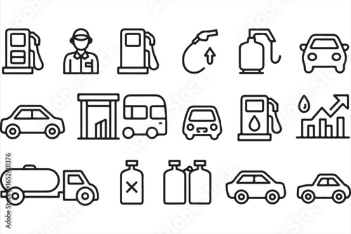 Set of simple line icons representing vehicles, fuel stations, and gas pumps for automotive graphics
