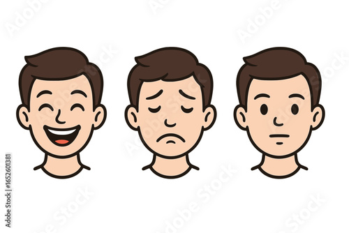 Man face expressions set. Happy, sad, neutral emotion. Mood swing, bipolar disorder concept. Psychology, mental health vector icon. Character avatar collection.