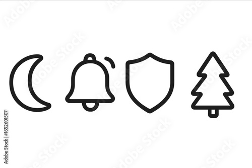 Moon, notification bell, security shield, pine tree icon set. Minimalist outline symbols for web and mobile app interface. Line art vector illustration pack.