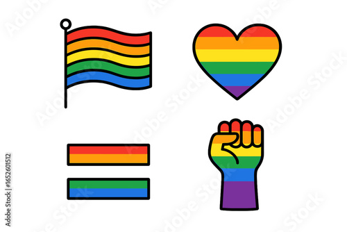 Pride symbols vector outline icon set. LGBTQ equality and human rights concept. Rainbow flag, heart, equal sign, and raised fist. Gay pride month celebration graphic elements.