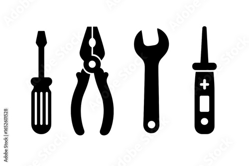 Household tools icon set. Solid black glyph icons of common work tools. Vector illustration of screwdriver, pliers, wrench, and voltage tester for repair or DIY projects.