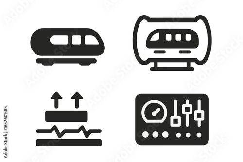 Hyperloop travel icon set. Solid glyph icons of high-speed transportation. Futuristic train pod in vacuum tube. Magnetic levitation technology and control panel vector.