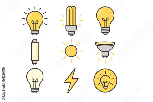 Vector light bulb icon set. Different types of lamps, sun and lightning bolt. Flat cartoon design. Concept of idea, innovation, energy, electricity, power, solution.
