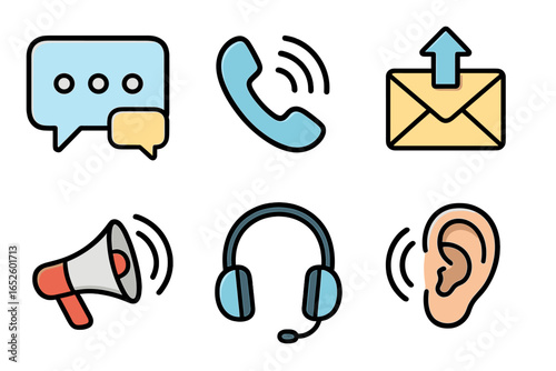 Communication icons set. Vector cartoon illustration. Contact us, customer support, marketing, and listening symbols. Chat bubble, phone, email, megaphone, headset, ear.
