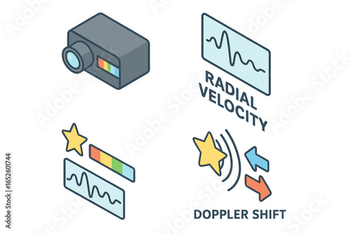 Radial velocity method isometric icon set. Doppler shift, spectrograph, and star spectrum analysis for exoplanet detection. Astrophysics and astronomy concept vector.