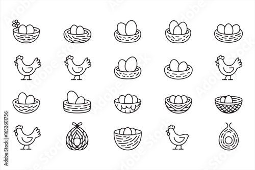 Set of farm and chicken-related vector icons, including eggs in nests and chickens