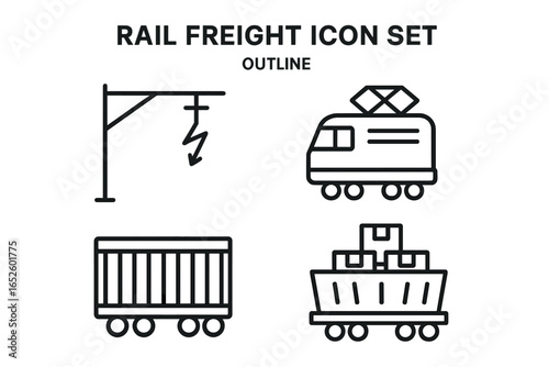 Rail freight icon set. Outline vector collection for transport and logistics. Electric locomotive, cargo wagon, container, overhead catenary line. Railway shipping symbols.