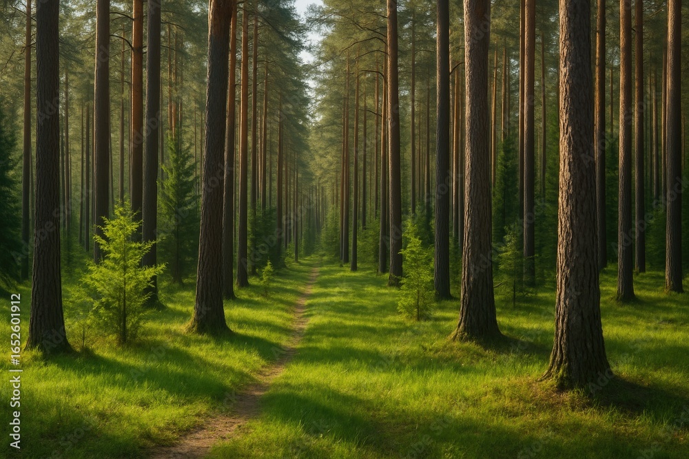 Fototapeta premium A pine forest during spring with vibrant natural scenery near Pruzhany, Brest region.