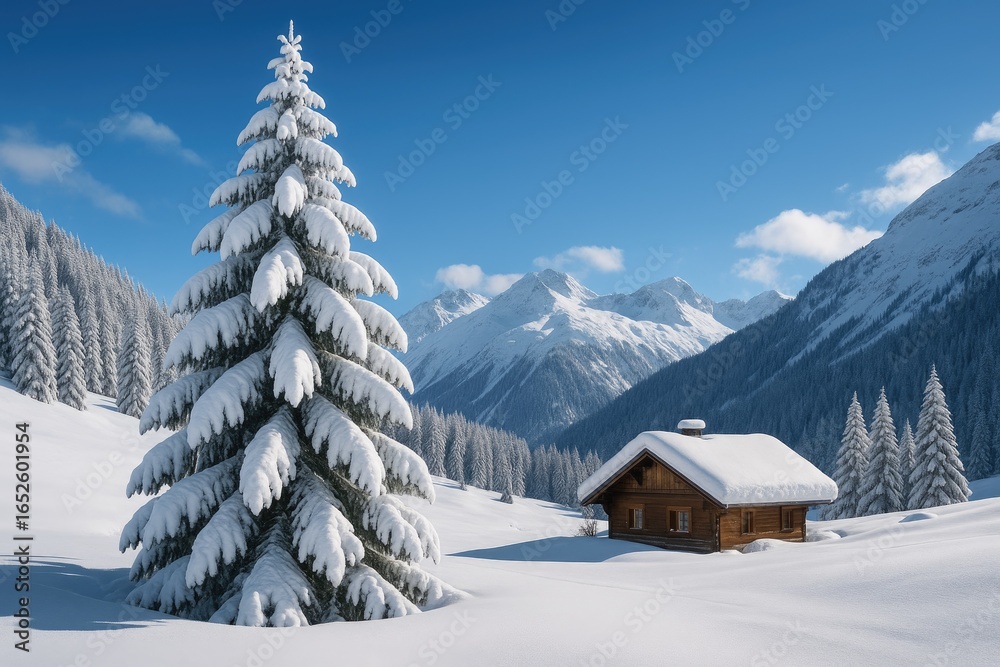 Fototapeta premium Wintery scene of snow-laden forested peaks