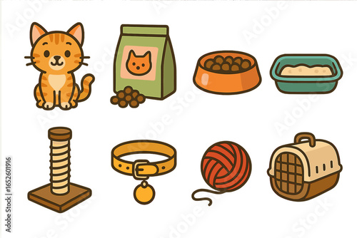 Cat care essentials icon set. Vector cartoon illustration of pet supplies: food, bowl, litter box, toy, carrier, collar, scratching post. Flat design animal elements.