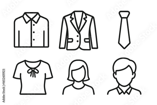 Professional dress code icons. Business attire outline vector set. Includes office wear like collared shirt, blazer, tie, blouse. Man and woman avatar for grooming concept.