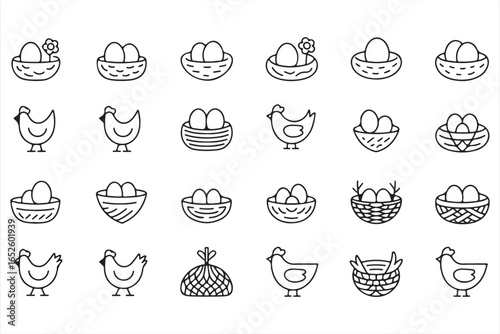 Set of line icons for chickens, eggs, and nests, perfect for farm and Easter graphics