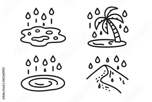 Rain in desert icon set. Outline vector illustrations of downpour, muddy puddle, wet sand dune, and tropical oasis with palm tree. Weather and climate concept symbols.