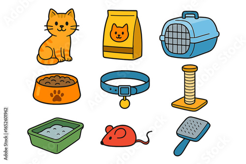 Cat care essentials icon set. Pet shop accessories collection. Vector cartoon illustration of supplies for a kitten: food, carrier, collar, toy, litter box, brush.