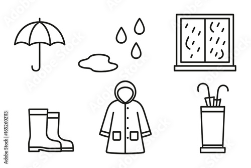 Rainy day outline icon set. Collection of weather symbols for autumn season. Vector graphic pack includes umbrella, puddle, raindrops, rainy window, rubber boots, coat.
