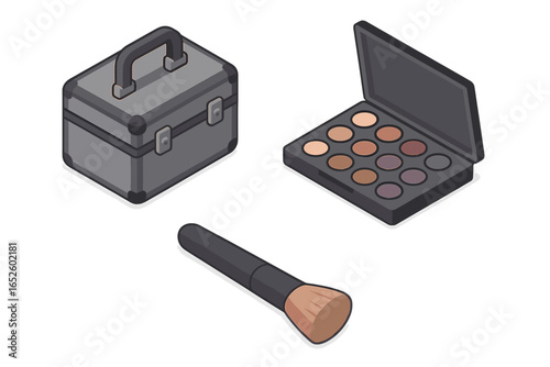 Isometric makeup artist tools set. Vector illustration of a beauty case, eyeshadow palette, and cosmetic brush. Professional visagist kit icon for glamour and fashion.