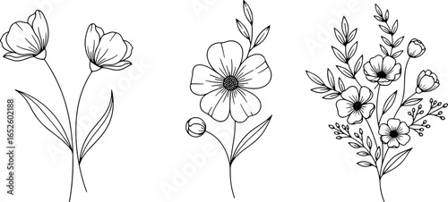 Three floral arrangements in black and white featuring various flower types and leaf arrangements artful design