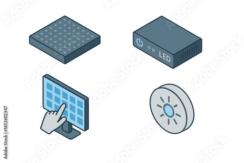 LED technology icon set with electronic components. Isometric vector illustration of an LED panel, display module, touchscreen interface, and controller driver for digital projects.