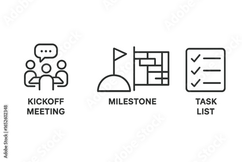 Project management outline icon set. Business process and workflow symbols. Vector illustration of a kickoff meeting, milestone, gantt chart, task list, and deadline.