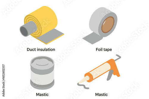 Isometric icon set of insulation and sealing tools. Duct insulation roll, foil tape, mastic can, and sealant caulk gun for HVAC repair and construction. Vector illustration.