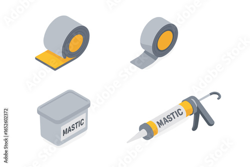 Isometric icon set of insulation and sealing tools. Vector collection of construction materials like mastic sealant gun, adhesive foil tape, and duct tape roll for DIY.