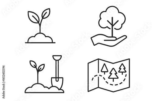 Reforestation line icon set. Tree planting, seedling, and sapling growth symbols. Environmental conservation, forestry project map, and afforestation pictograms. Ecology and carbon offset concept.